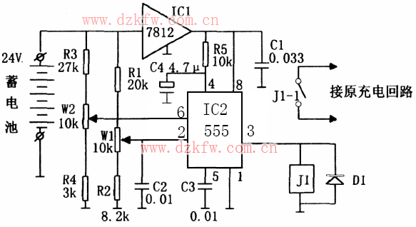 NE555構成的不間斷電源蓄電池電壓監控器,NE555 Battery voltage monitoring circuit