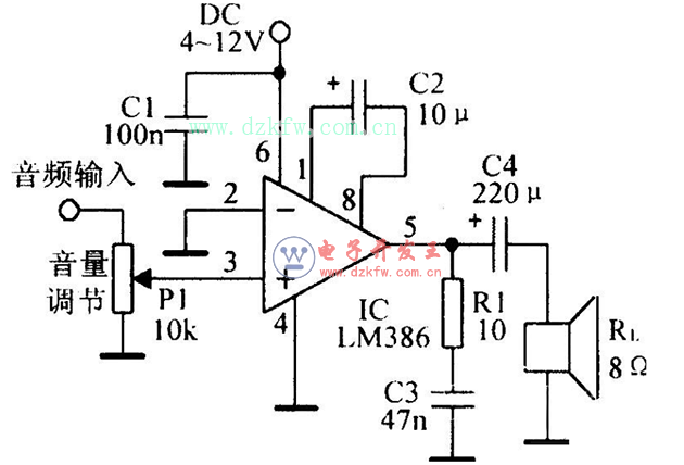 音頻功率放大器LM386引腳圖及功能_工作原理_電氣參數及應用電路圖