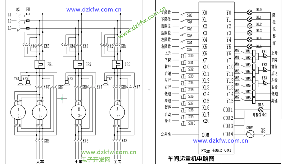 車間起重機電路圖,三菱plc接線圖,三菱FX2N-48MR接線圖