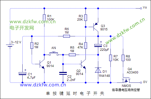 使用分立元件的單按鍵延時(shí)電子開(kāi)關(guān)電路圖