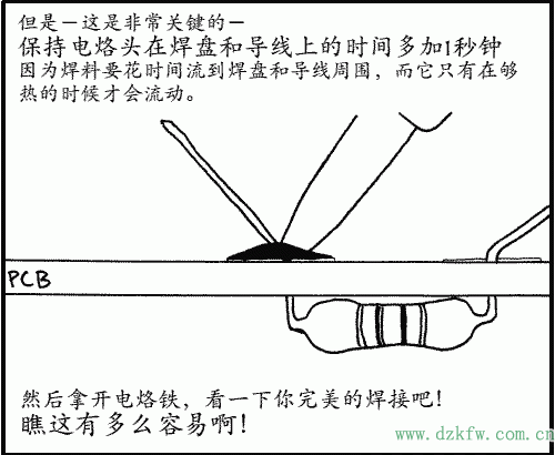 保持電烙頭在焊盤和導線上的時間多加1秒鐘