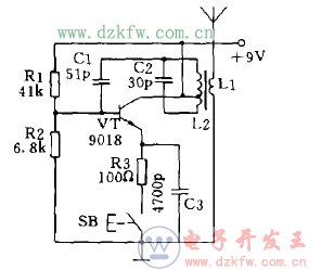 最簡單的電感三點式無線電遙控發(fā)射器電路圖