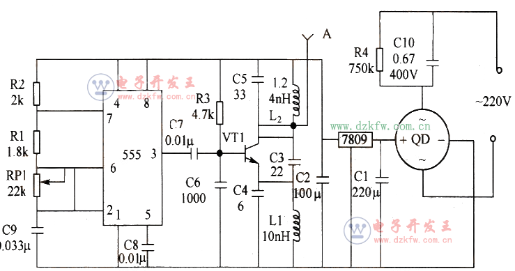 由555音頻振蕩器和FM發(fā)射機電路等組成的FM無線發(fā)射電路